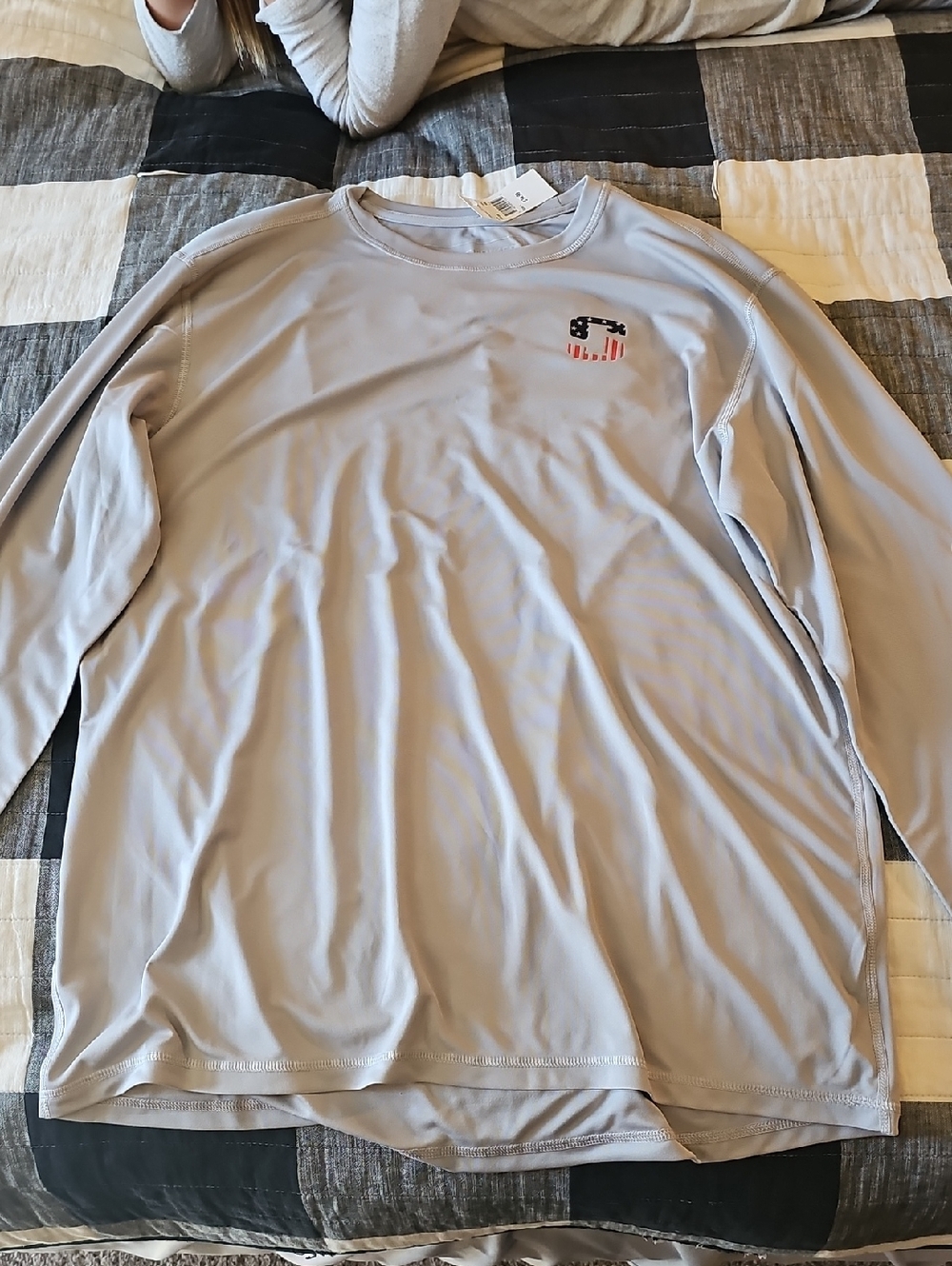 Champion Light Gray Long Sleeve Performance Tee with American Flag Accent